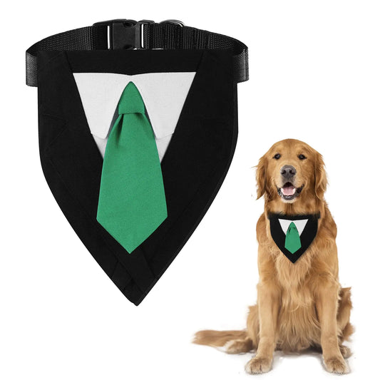 Dog Tuxedo Adjustable BuckleFormalwith Bow Tie Costume Pet Party Tux Dog BandanaDog Weddin Dog Collar with for Small Medium LargeHITDER(Green Tie-L)