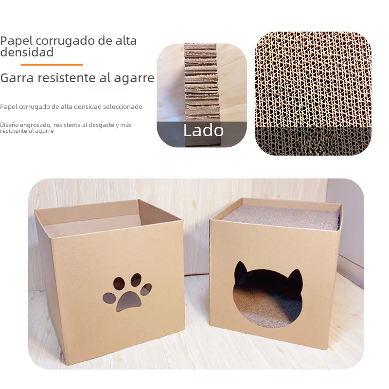Arbre à chat vertical avec maison en carton ondulé