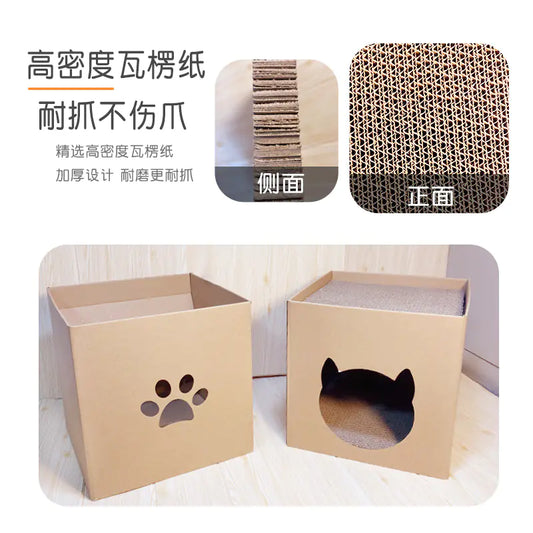 Arbre à chat vertical avec maison en carton ondulé