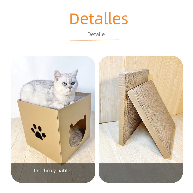 Arbre à chat vertical avec maison en carton ondulé