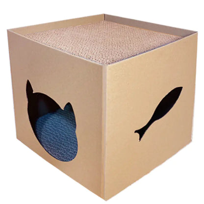 Arbre à chat vertical avec maison en carton ondulé